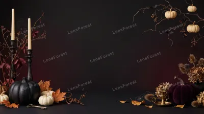Halloween still life with black and white pumpkins, taper candles, and autumn foliage on a dark background.