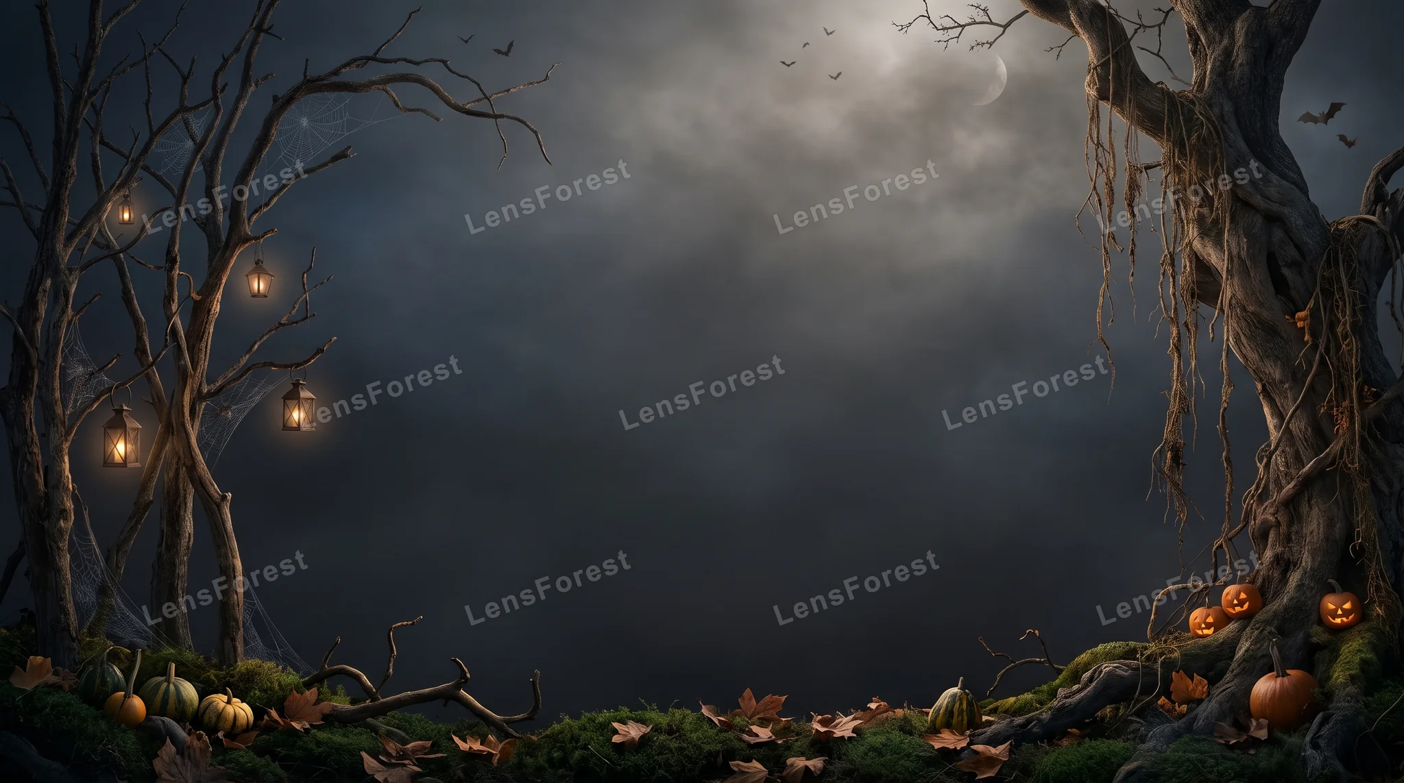 Spooky Halloween scene with gnarled trees, hanging lanterns, carved pumpkins, and bats against a dark, cloudy sky.