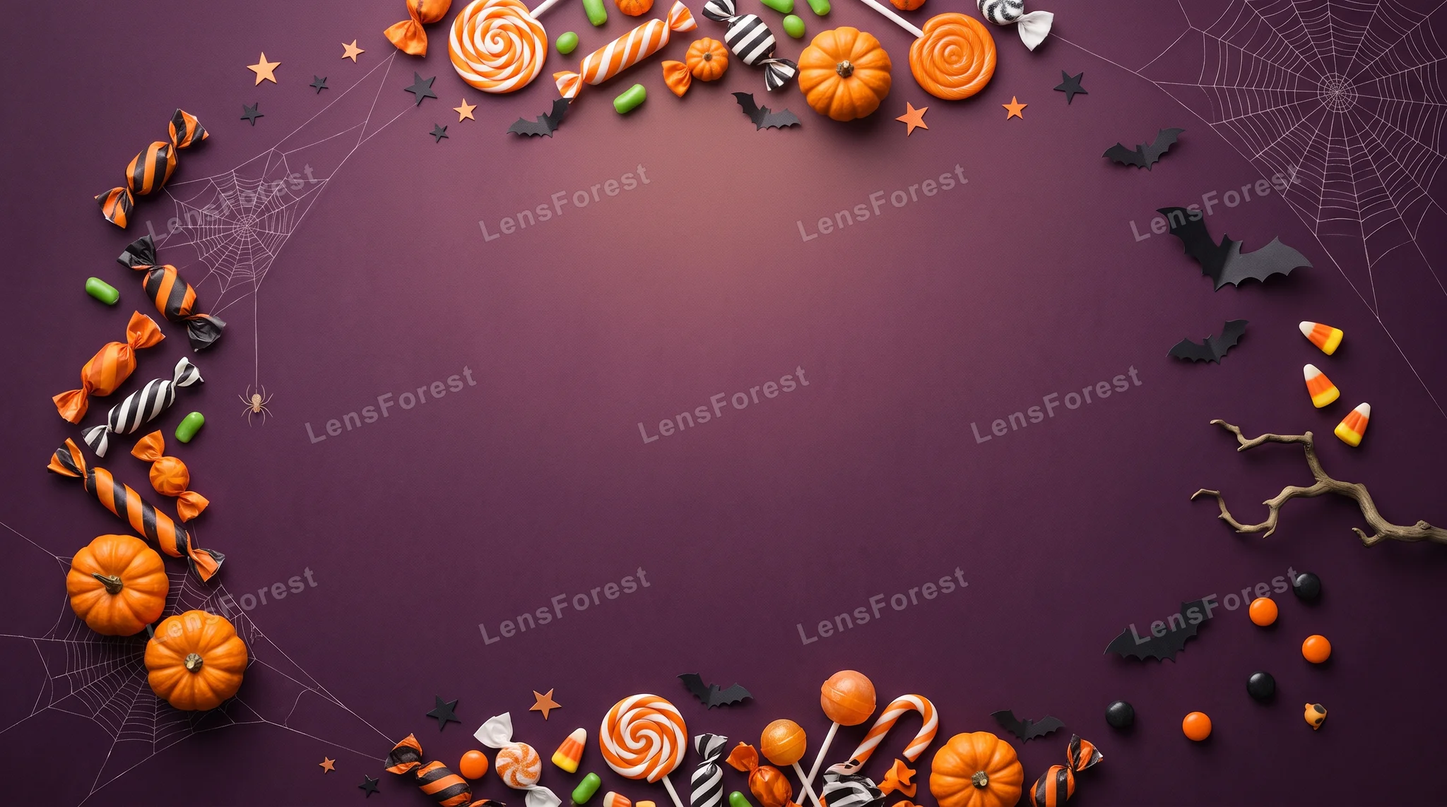 Halloween flat lay with candy, pumpkins, paper bats, and spider webs on a purple background.