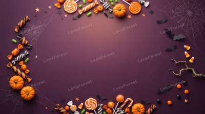 Halloween flat lay with candy, pumpkins, paper bats, and spider webs on a purple background.