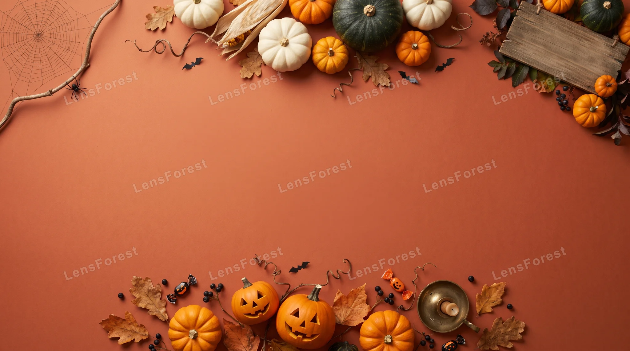 A flat lay of Halloween pumpkins, jack-o-lanterns, dried leaves, and a blank wooden sign on an orange background.