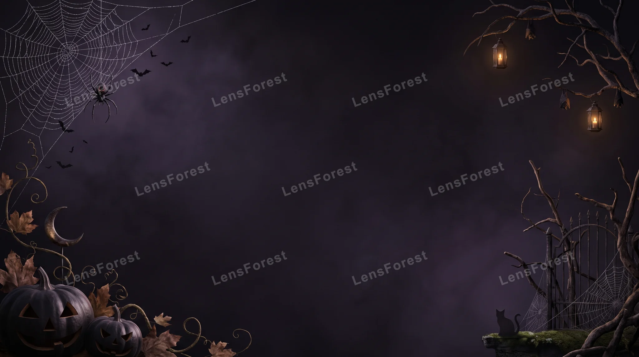 Halloween background with two jack-o-lanterns, a spider web, hanging lanterns in a dead tree, and an iron gate against a dark, smoky purple backdrop.