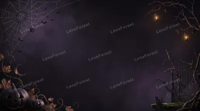 Halloween background with two jack-o-lanterns, a spider web, hanging lanterns in a dead tree, and an iron gate against a dark, smoky purple backdrop.