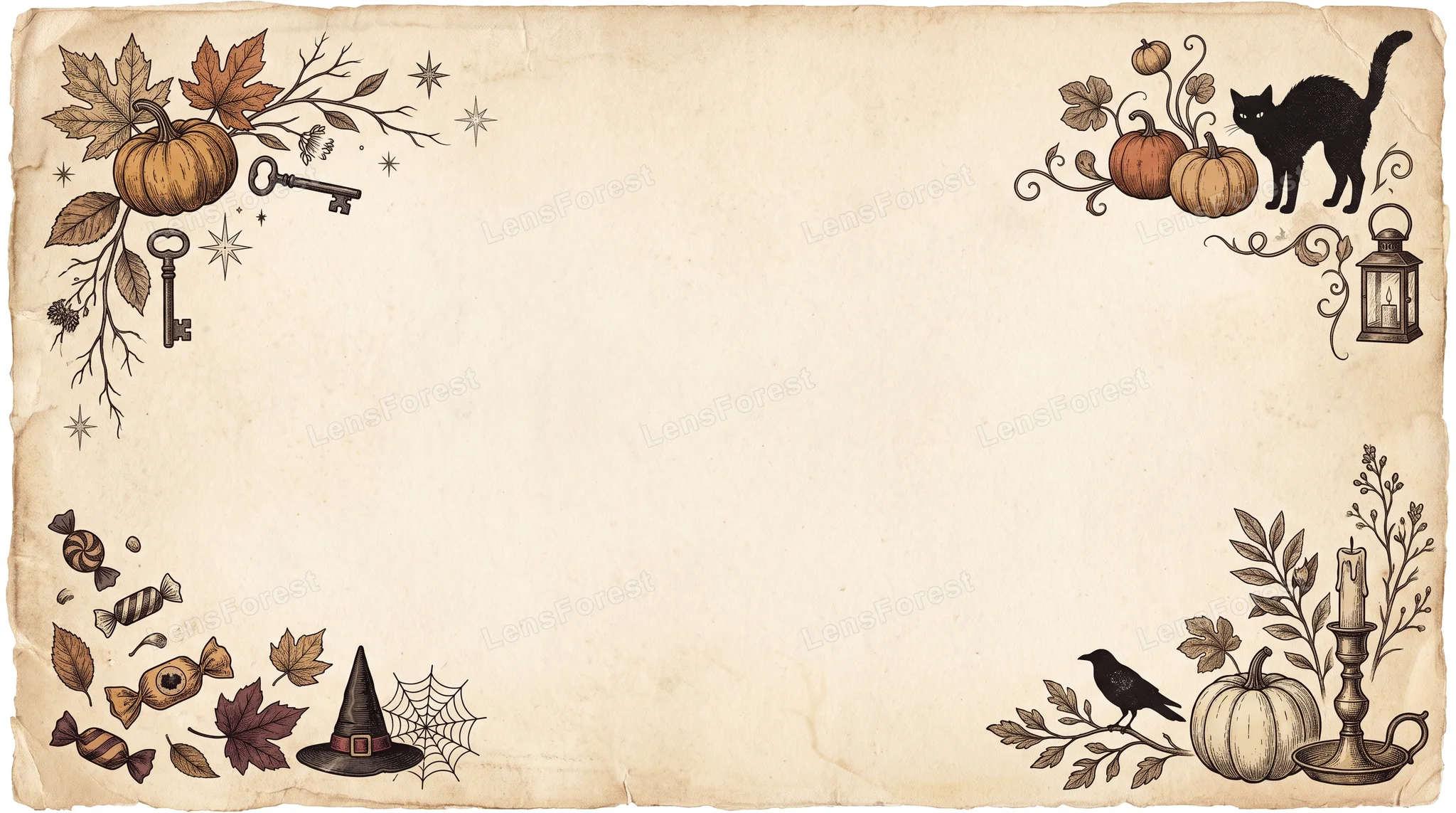 Vintage parchment paper with a decorative Halloween border featuring pumpkins, a black cat, a witch hat, and autumn leaves.