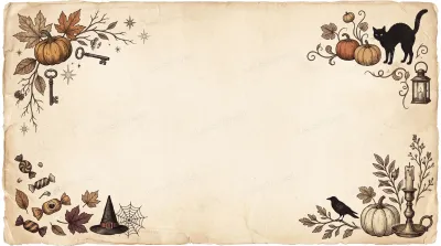 Vintage parchment paper with a decorative Halloween border featuring pumpkins, a black cat, a witch hat, and autumn leaves.