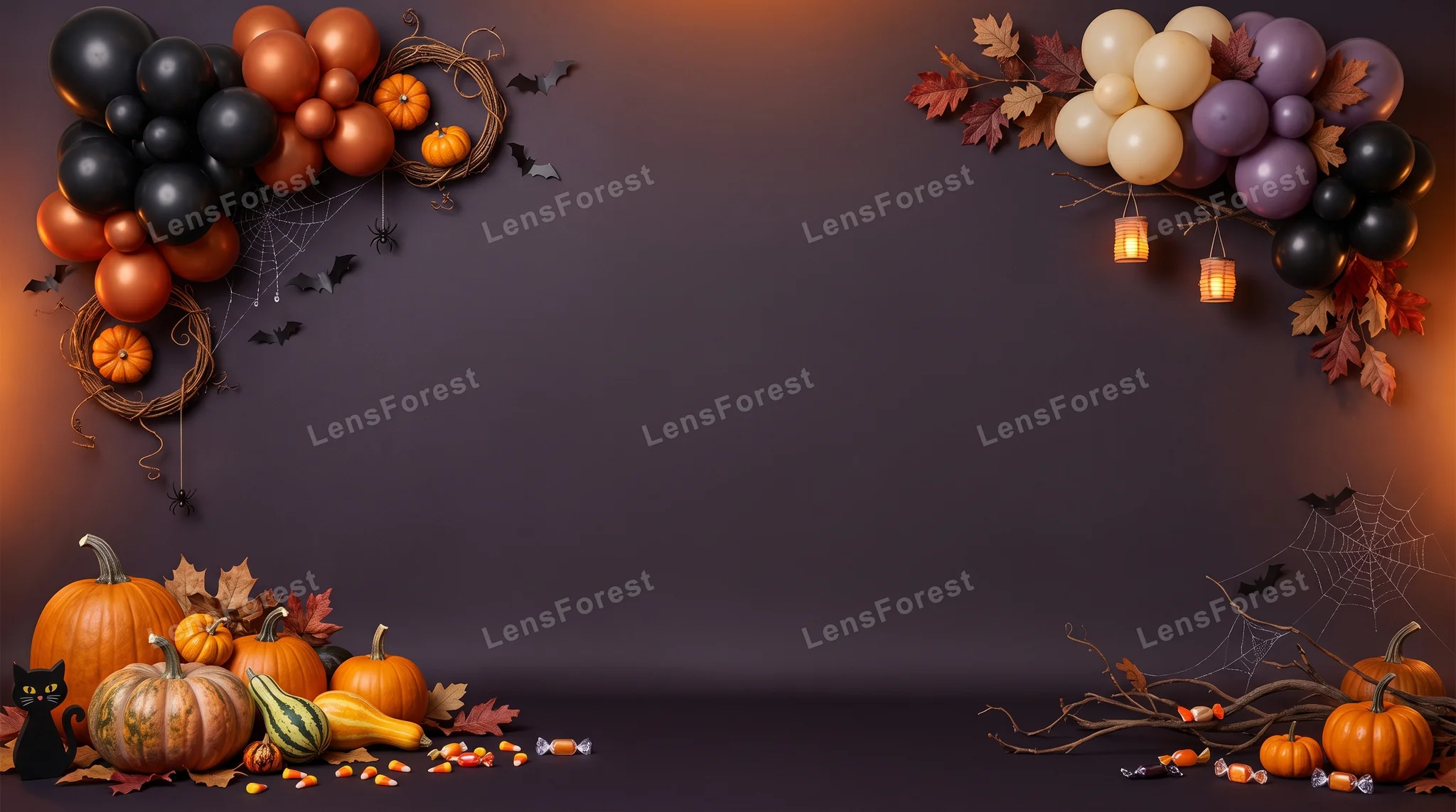 Halloween studio background with pumpkins, balloons, paper bats, and spider webs on a dark purple wall.