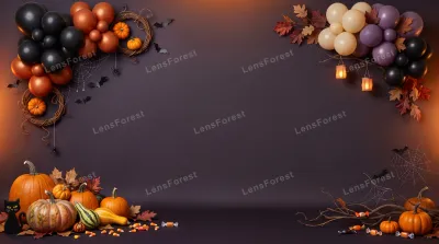 Halloween studio background with pumpkins, balloons, paper bats, and spider webs on a dark purple wall.