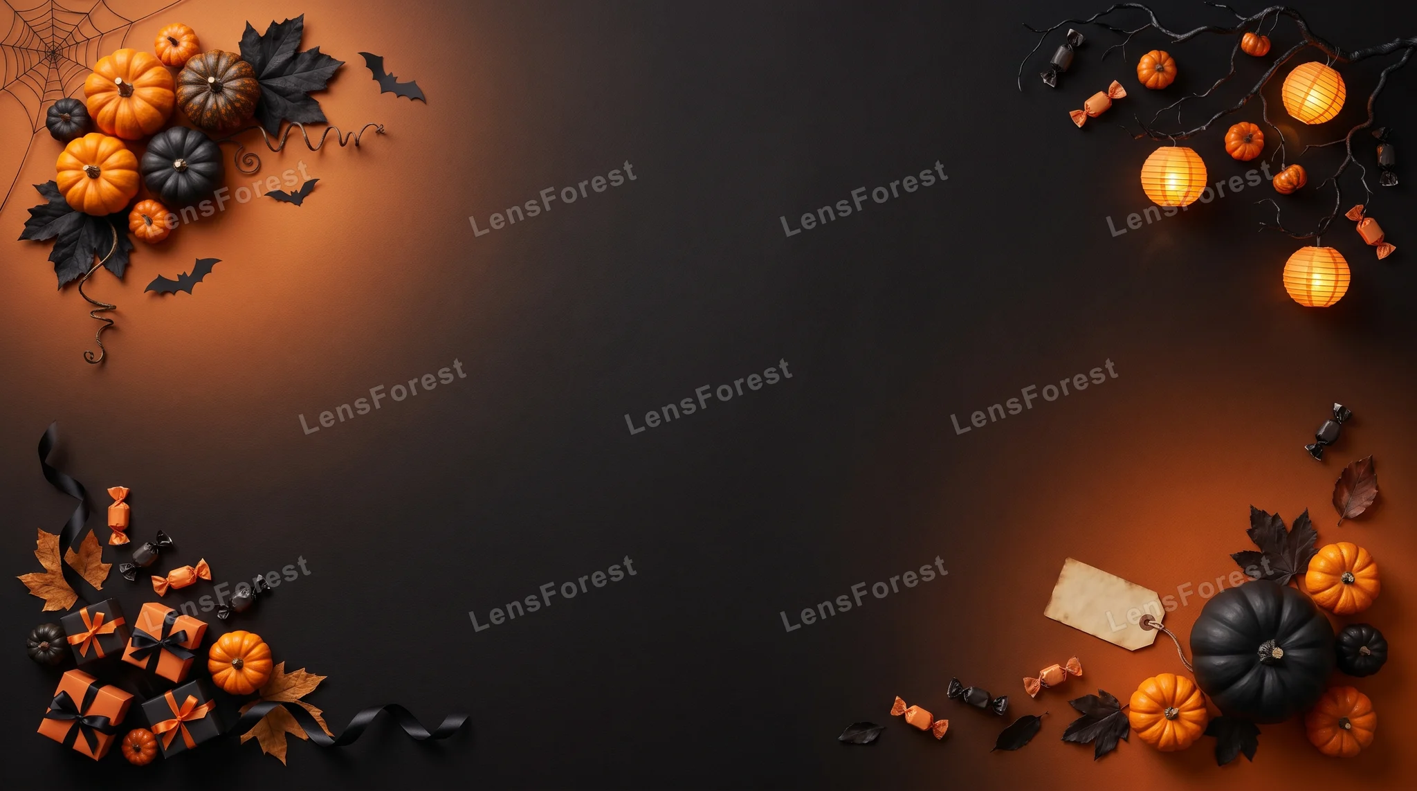 Halloween flat lay with pumpkins, candy, gift boxes, and glowing lanterns on a dark background.