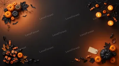 Halloween flat lay with pumpkins, candy, gift boxes, and glowing lanterns on a dark background.