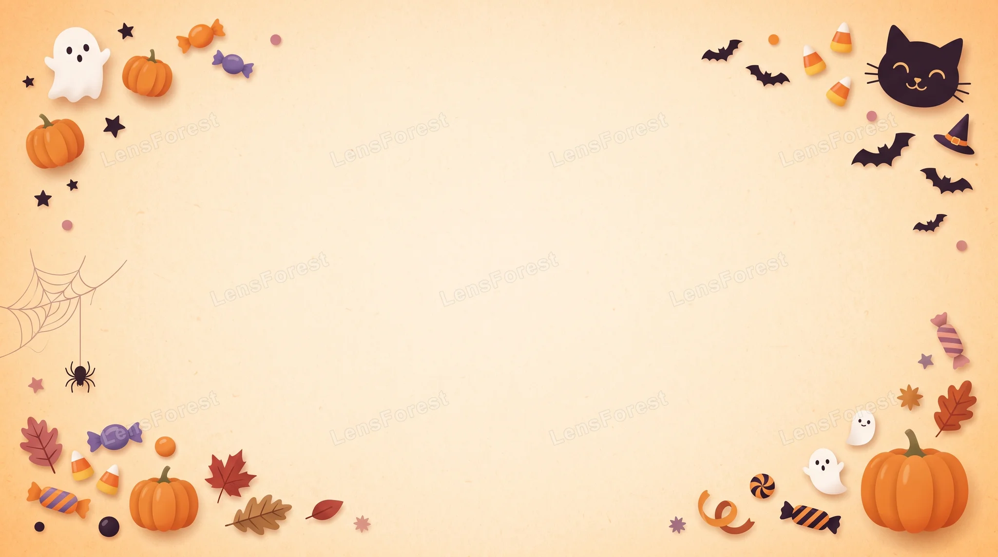 Halloween border with pumpkins, ghosts, candy, and autumn leaves on a beige textured background.