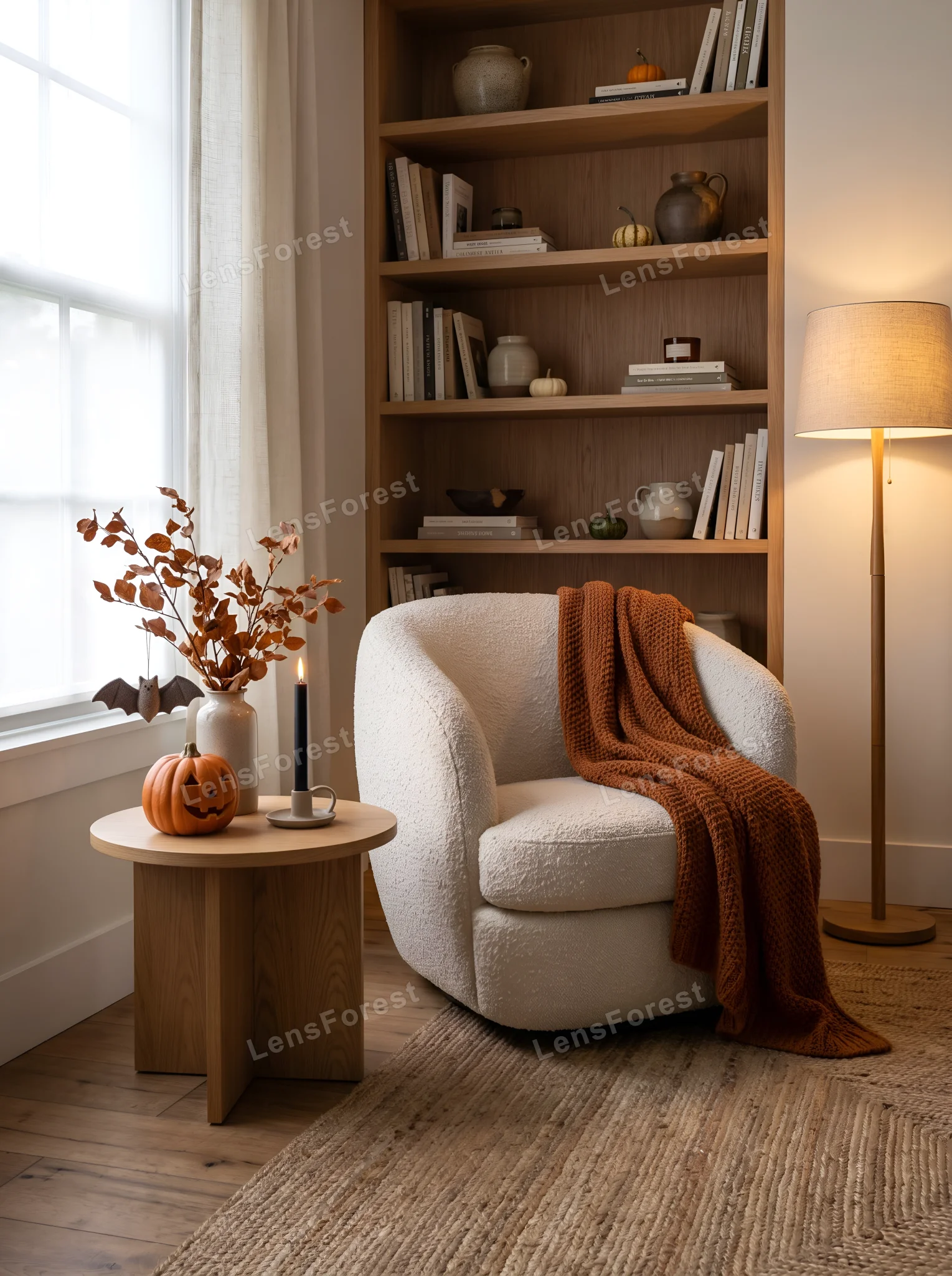 A cozy reading nook with a white boucle chair, a rust-colored throw blanket, a jack-o'-lantern, and a bookshelf in a sunlit room.