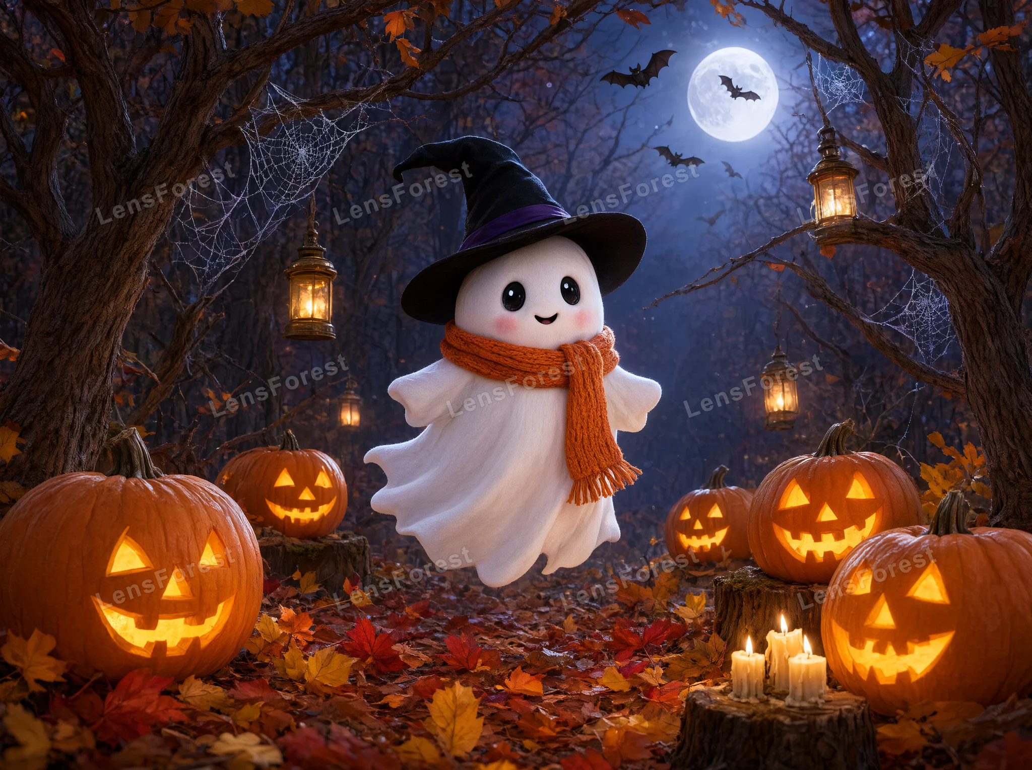 A cute ghost wearing a witch hat and orange scarf floating in a dark forest with glowing pumpkins and lanterns.