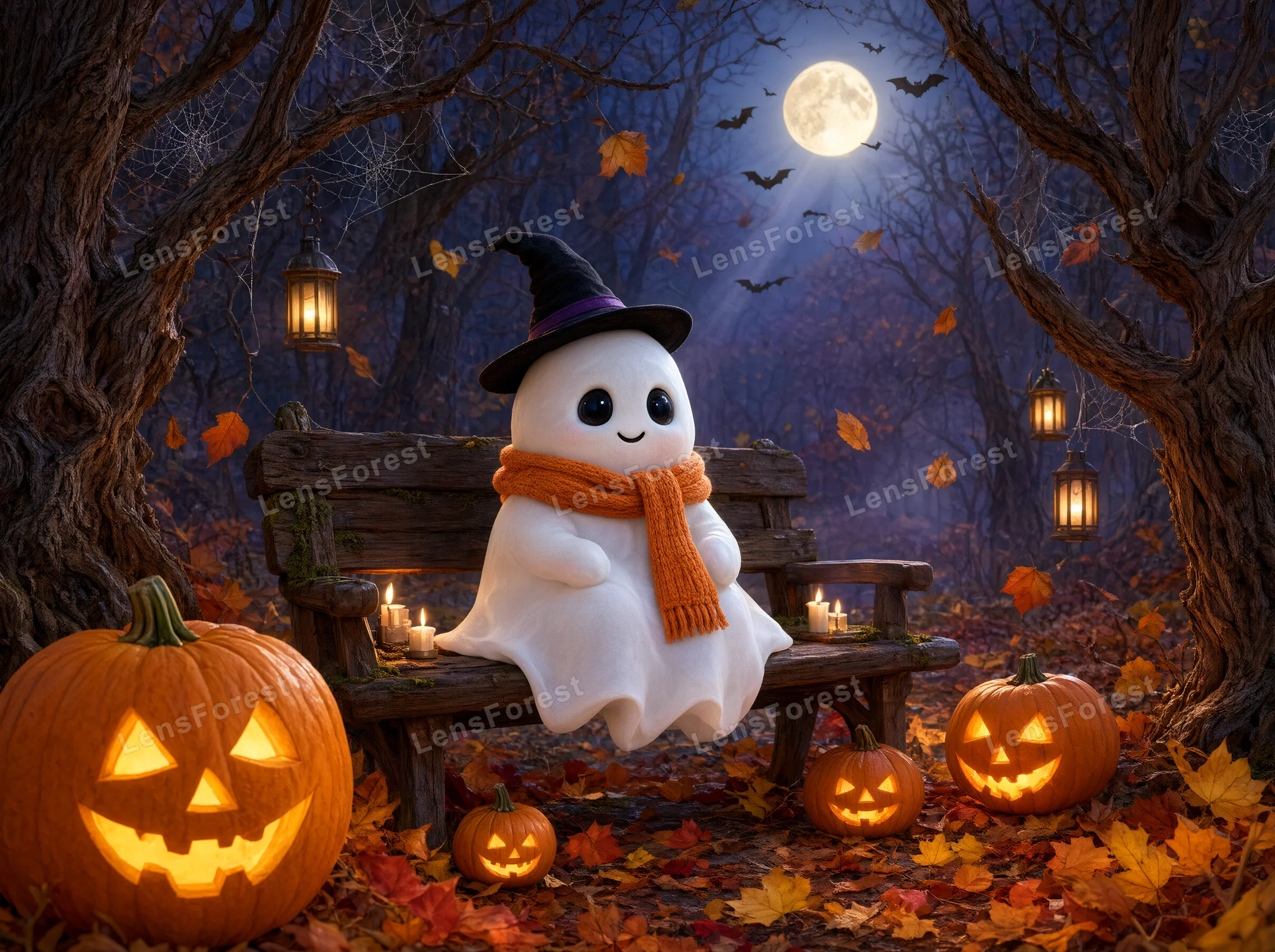 A cute ghost in a witch hat and orange scarf sitting on a wooden bench in a dark forest with jack-o'-lanterns.