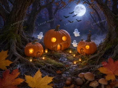 Three carved pumpkin houses with glowing windows in a misty forest at night, surrounded by floating ghosts, lanterns, and autumn leaves under a full moon.