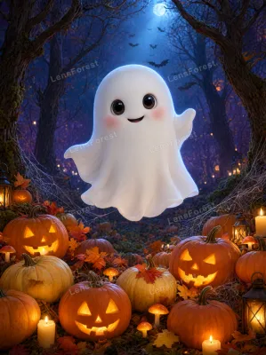 A cute white ghost floating in a dark forest surrounded by glowing jack-o'-lanterns, autumn leaves, and lanterns under a full moon.
