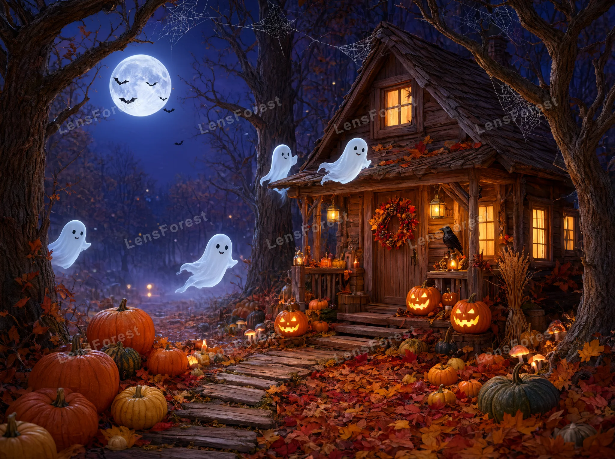 A rustic wooden cabin at night decorated with glowing jack-o'-lanterns, floating ghosts, and autumn leaves under a full moon.