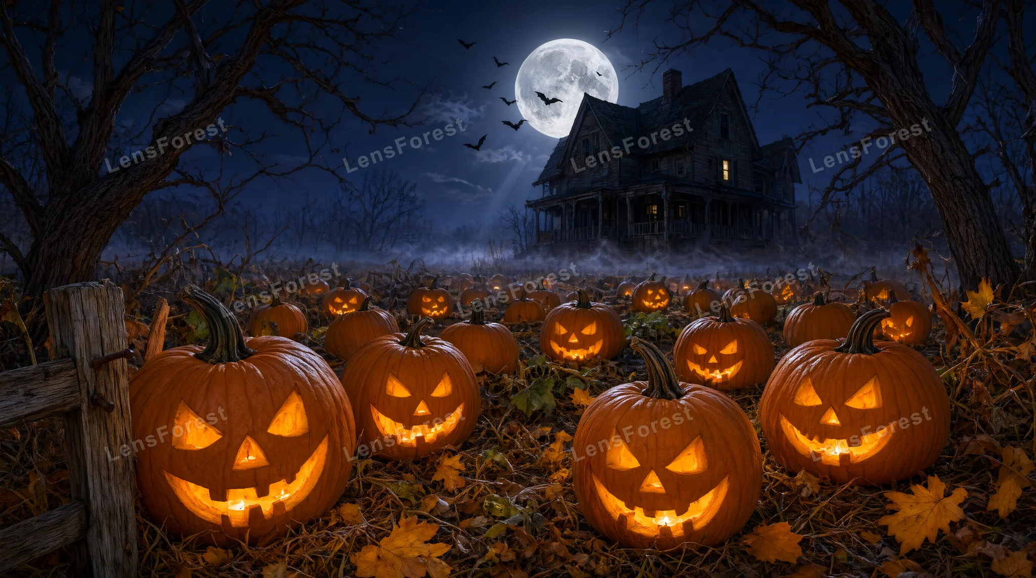 Glowing jack-o'-lanterns in a field in front of a dark, haunted house under a full moon at night.
