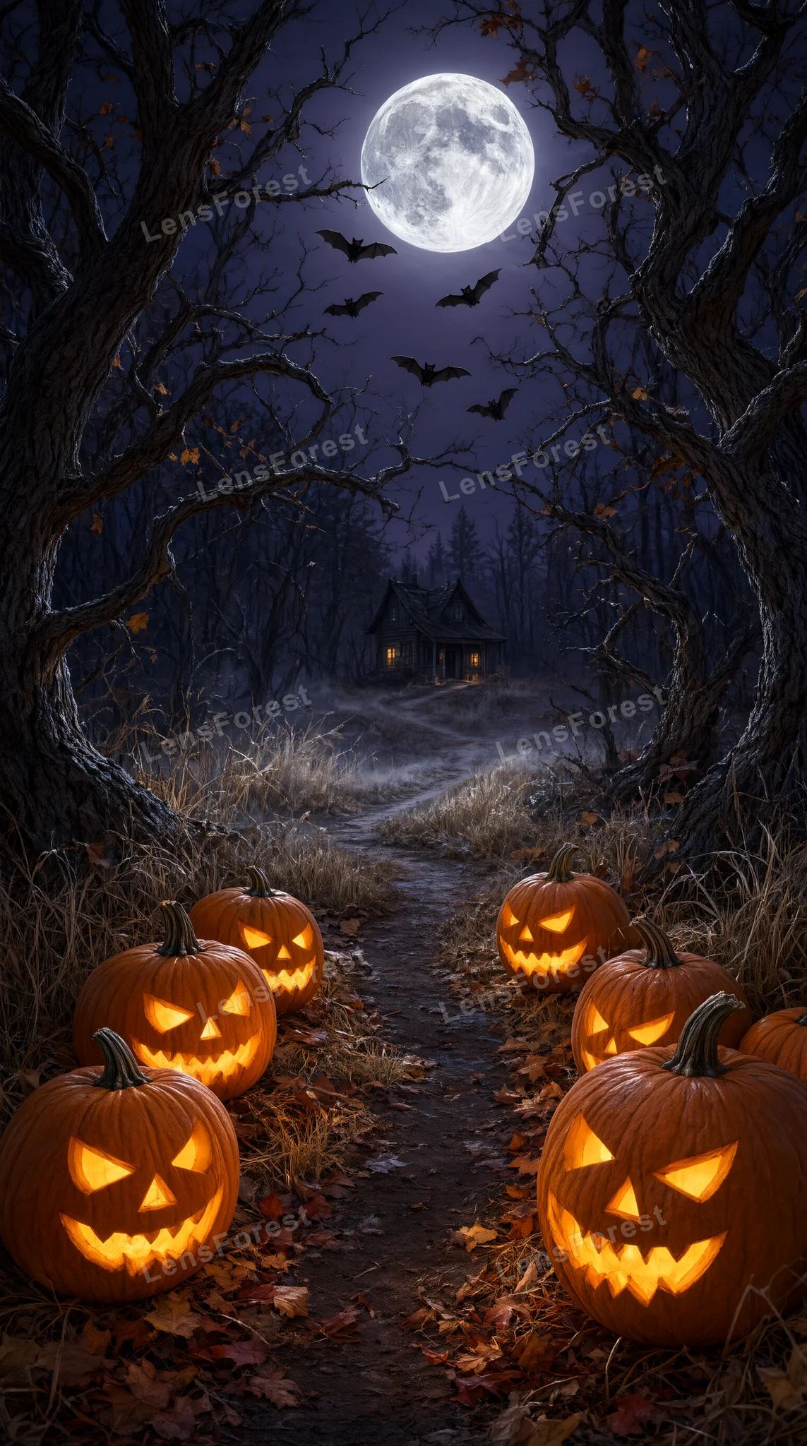A path lined with glowing jack-o'-lanterns leads to a dark cabin in a forest under a full moon with bats flying overhead.