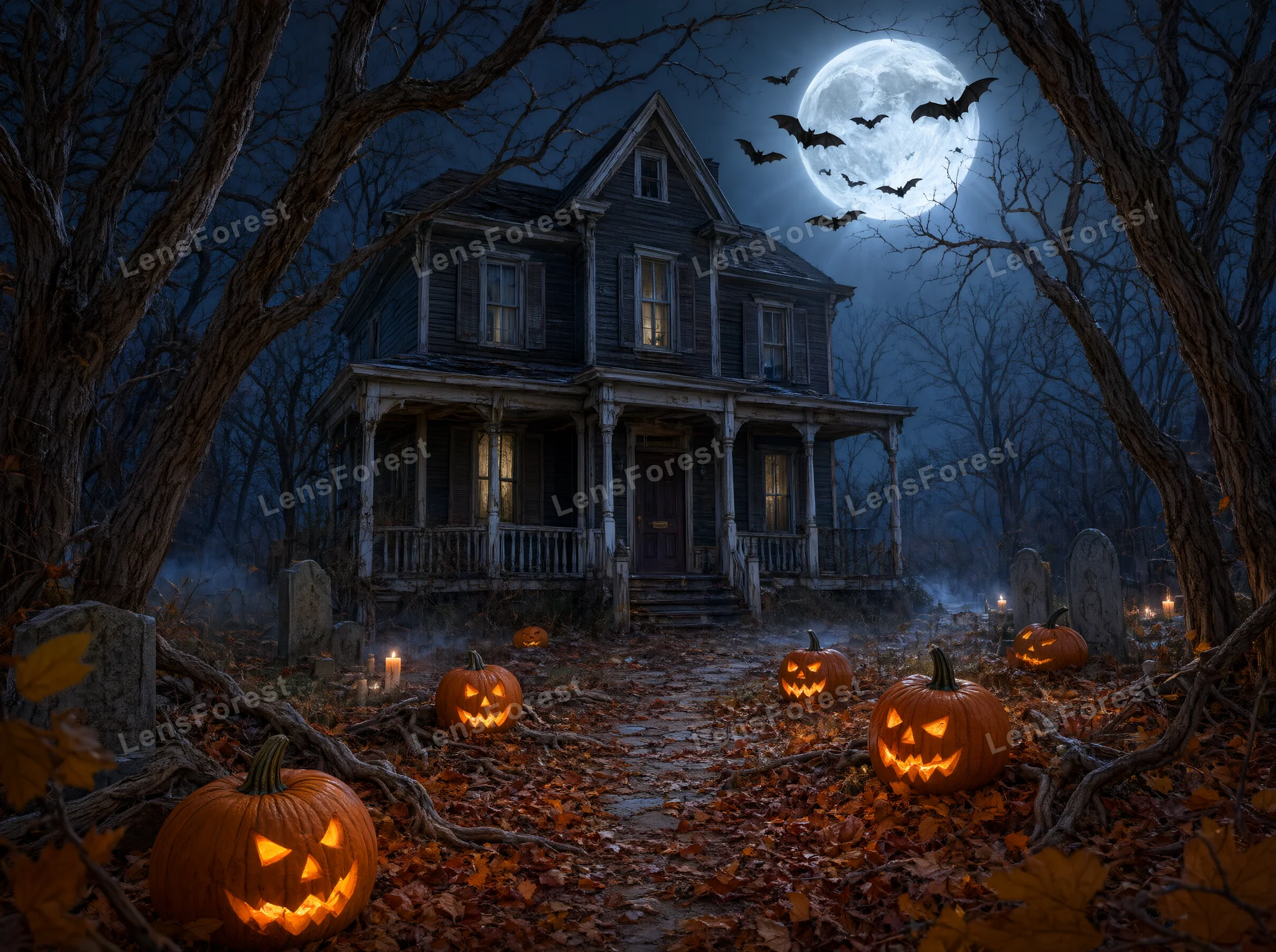 A spooky Victorian house at night with glowing jack-o'-lanterns, tombstones, and a full moon in a foggy forest.