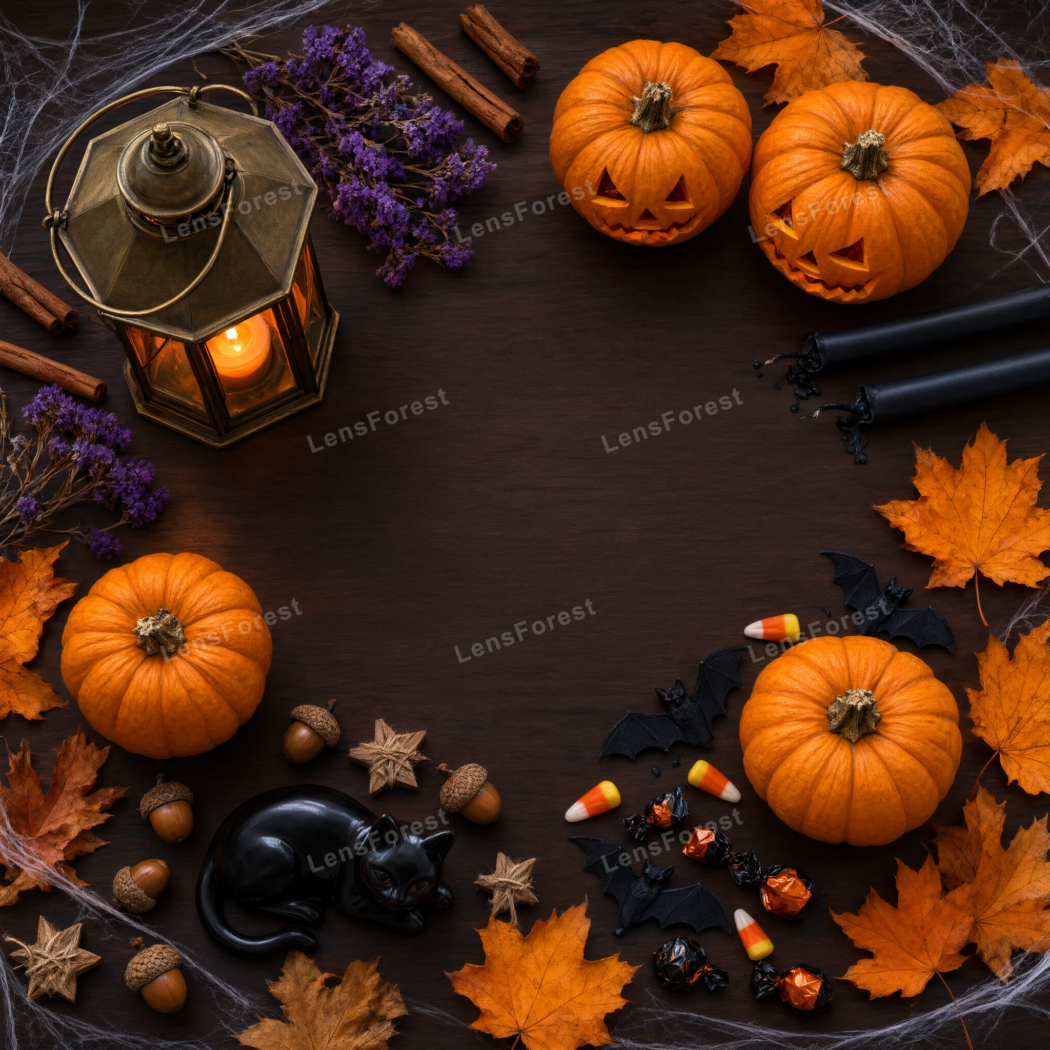 Halloween flat lay with carved pumpkins, a glowing lantern, black cat figurine, autumn leaves, and candy on a dark wooden background.