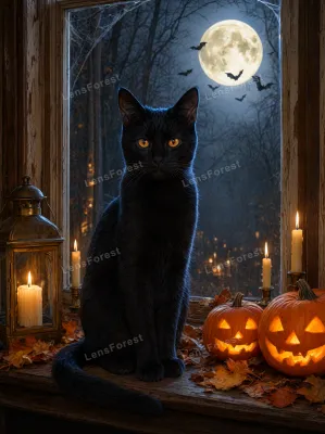 A black cat sits on a wooden windowsill between two glowing jack-o'-lanterns and candles, with a full moon and bats in the background.
