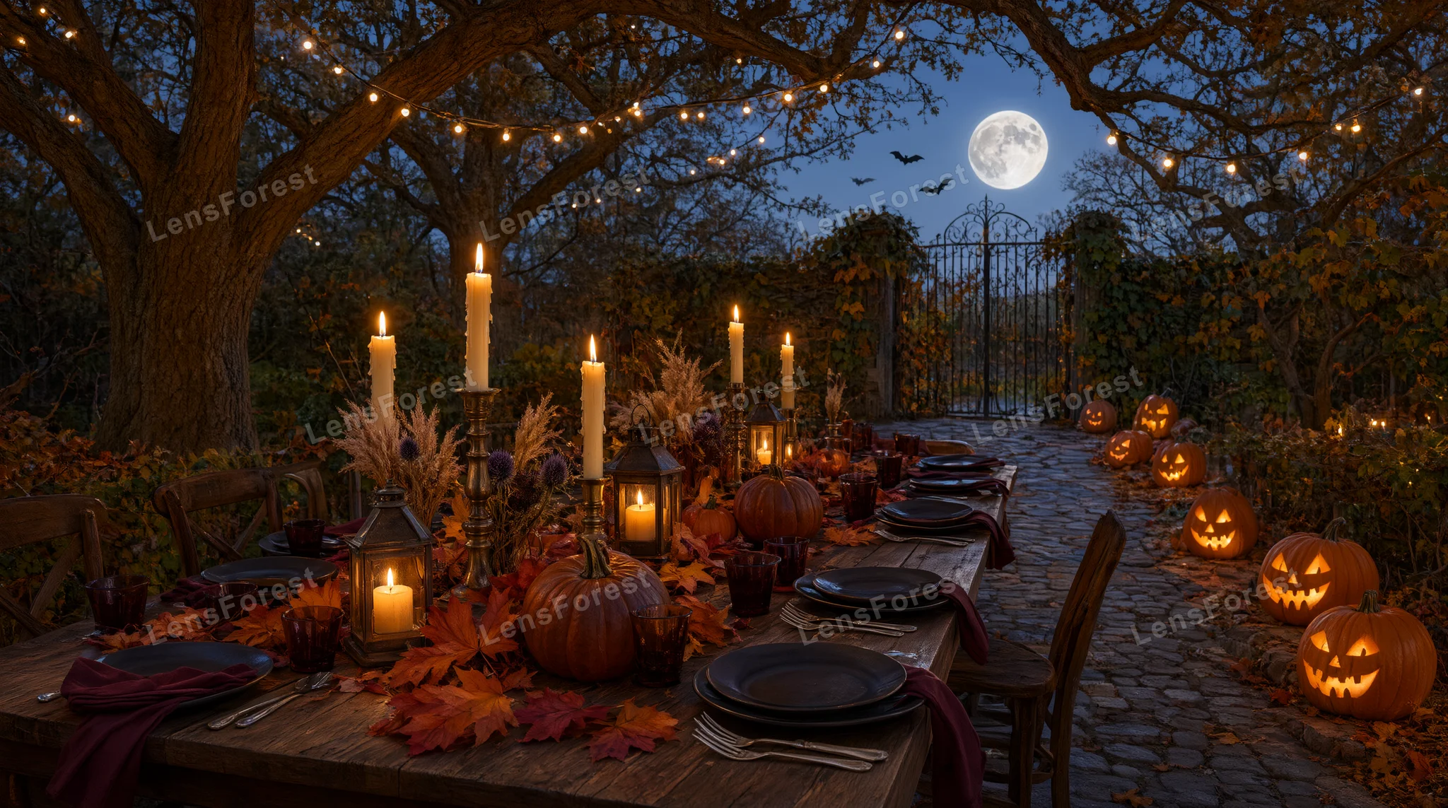 A rustic outdoor dining table set for Halloween with candles, pumpkins, and autumn leaves under a full moon.