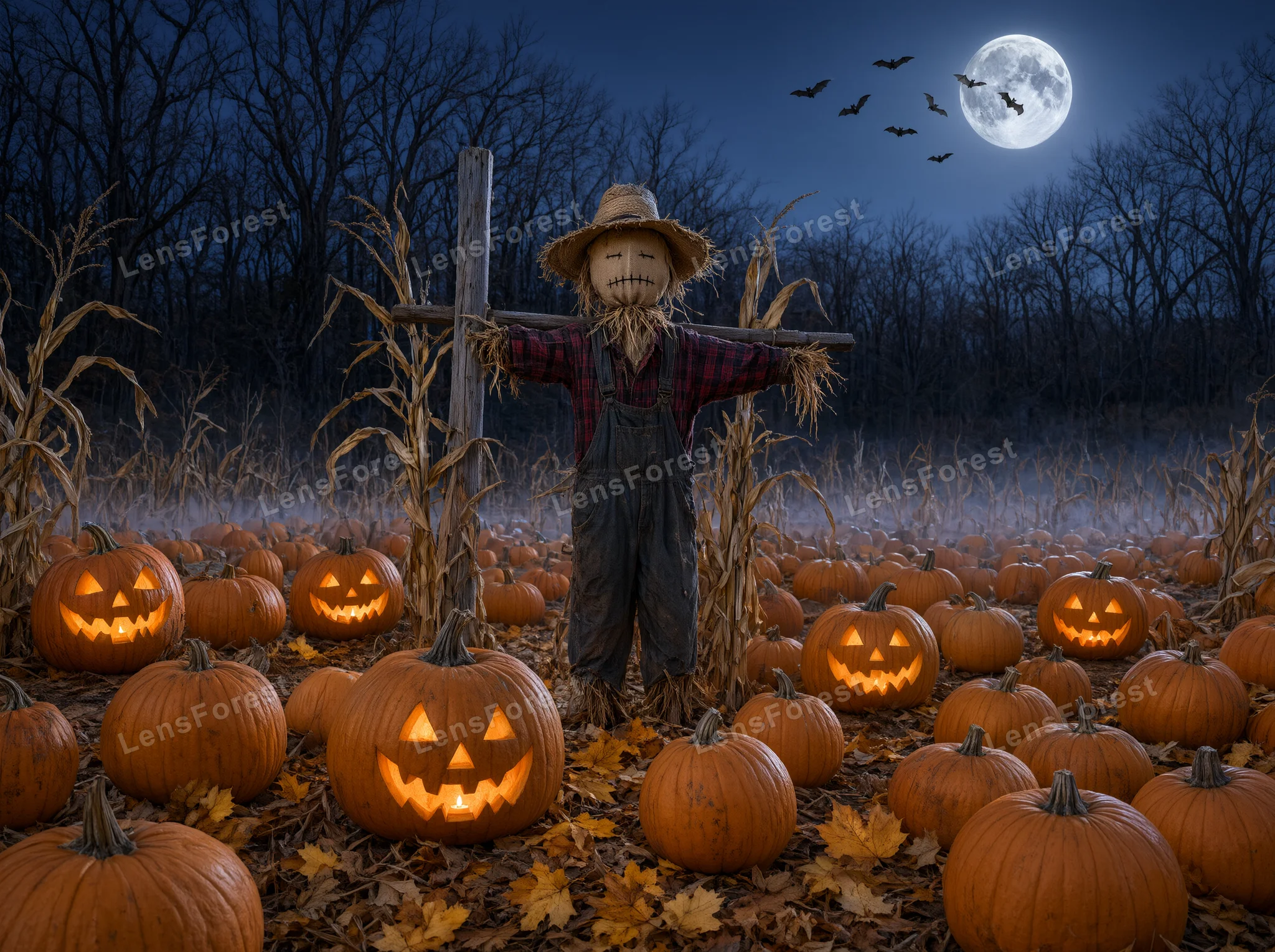 A scarecrow in a plaid shirt and overalls stands in a pumpkin patch at night with glowing jack-o'-lanterns and a full moon.