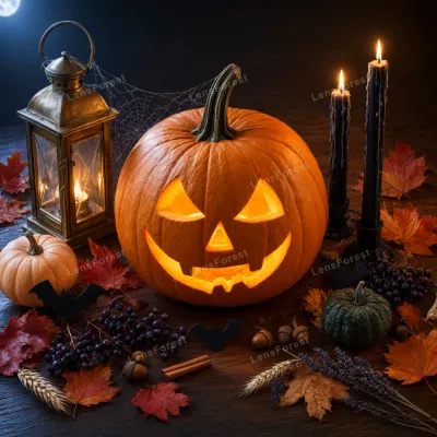 A carved glowing pumpkin jack-o'-lantern on a wooden table with candles, autumn leaves, berries, and decorative bats.