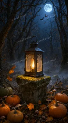 A glowing lantern on a mossy stone pedestal surrounded by pumpkins and autumn leaves in a dark, misty forest at night.