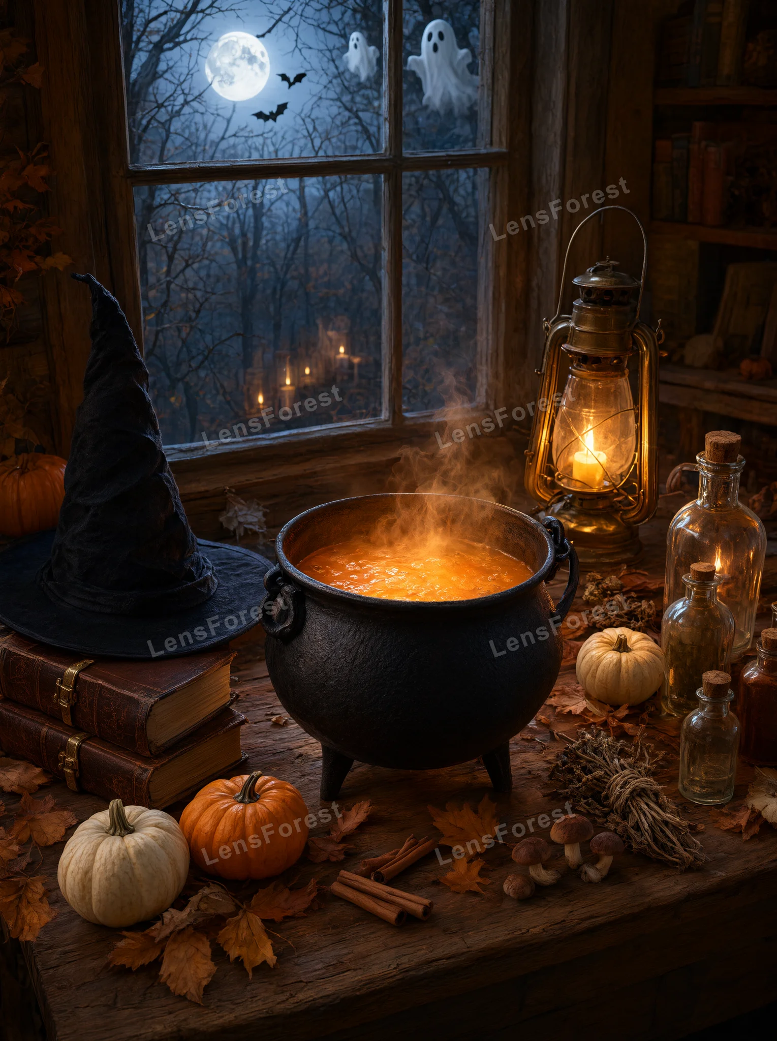A steaming cauldron, witch hat, potion bottles, and pumpkins on a wooden table in front of a window with a moonlit forest.
