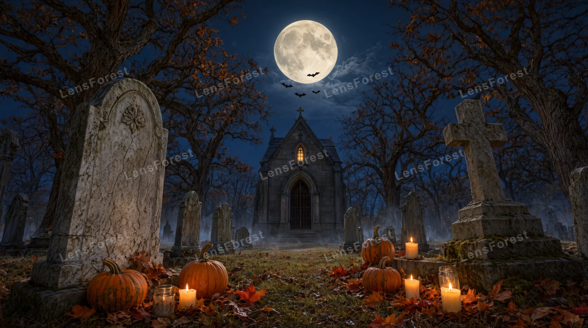 A graveyard at night with a full moon, stone mausoleum, pumpkins, and glowing candles among tombstones and autumn leaves.