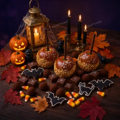 Three caramel apples with nuts, jack-o'-lanterns, candles, and Halloween treats on a rustic wooden table.