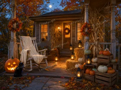 A black cat sits next to a glowing jack-o-lantern on a rustic porch decorated with pumpkins, hay bales, and autumn wreaths at night.