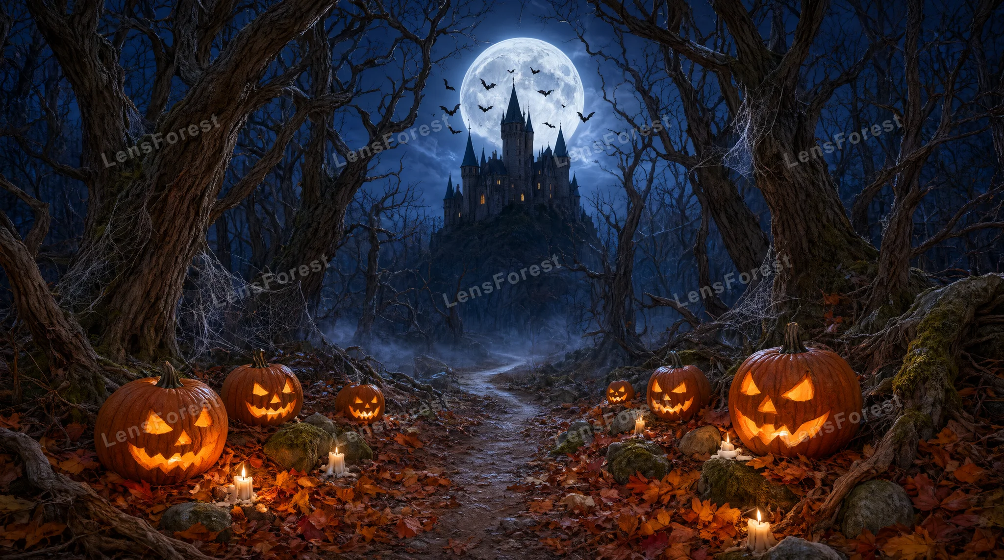 Glowing jack-o'-lanterns line a forest path leading toward a gothic castle under a full moon.