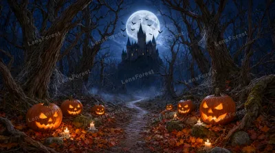 Glowing jack-o'-lanterns line a forest path leading toward a gothic castle under a full moon.