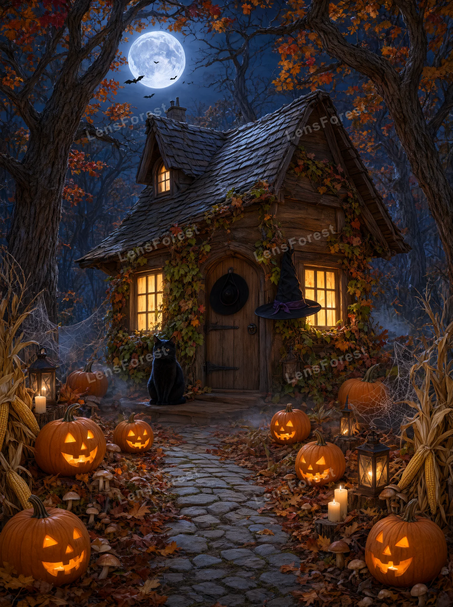 A rustic wooden cottage in a forest at night with a black cat, glowing jack-o'-lanterns, and a witch's hat on the door.