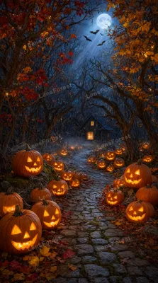 A cobblestone path lined with glowing jack-o'-lanterns leads to a rustic cabin in a dark, autumnal forest under a full moon.