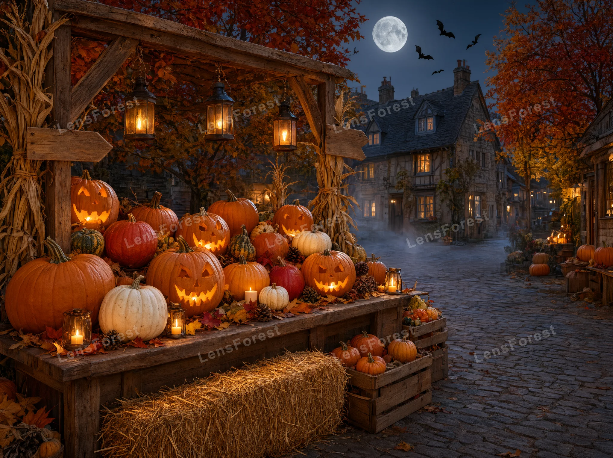 Carved jack-o'-lanterns and pumpkins on a wooden stand at night with a full moon and stone cottage in the background.