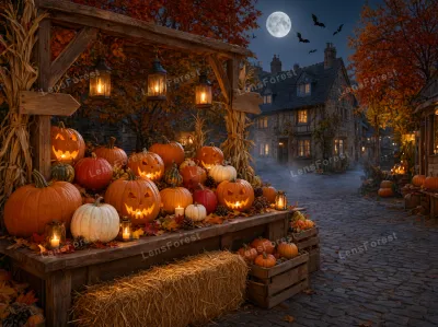 Carved jack-o'-lanterns and pumpkins on a wooden stand at night with a full moon and stone cottage in the background.