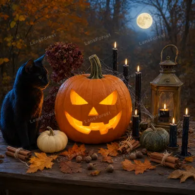 A black cat sits beside a lit jack-o'-lantern, small pumpkins, and candles on a wooden table at night.
