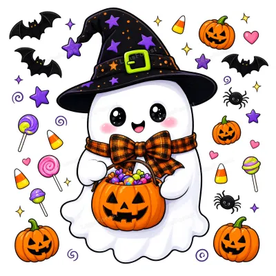 A cute cartoon ghost wearing a witch hat and plaid scarf, holding a pumpkin candy bucket, surrounded by Halloween icons.