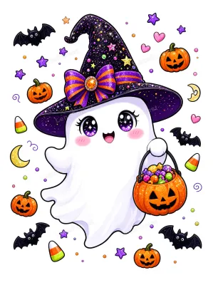 A cute cartoon ghost wearing a witch hat and holding a jack-o'-lantern candy bucket, surrounded by bats, pumpkins, and candy corn.