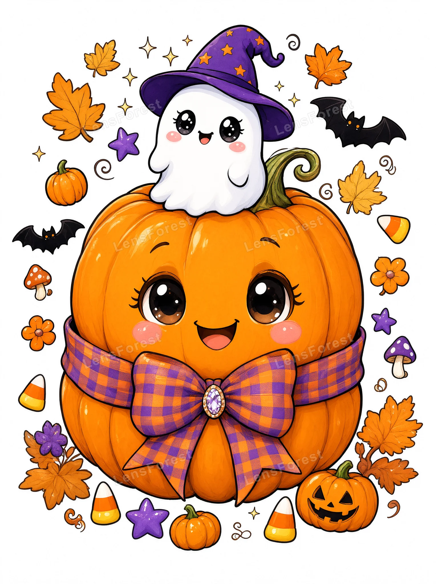 A cute cartoon pumpkin with a smiling face and a plaid bow, topped with a small ghost in a witch hat, surrounded by autumn leaves, candy corn, and bats.