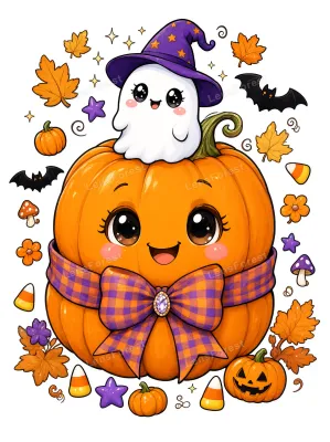 A cute cartoon pumpkin with a smiling face and a plaid bow, topped with a small ghost in a witch hat, surrounded by autumn leaves, candy corn, and bats.