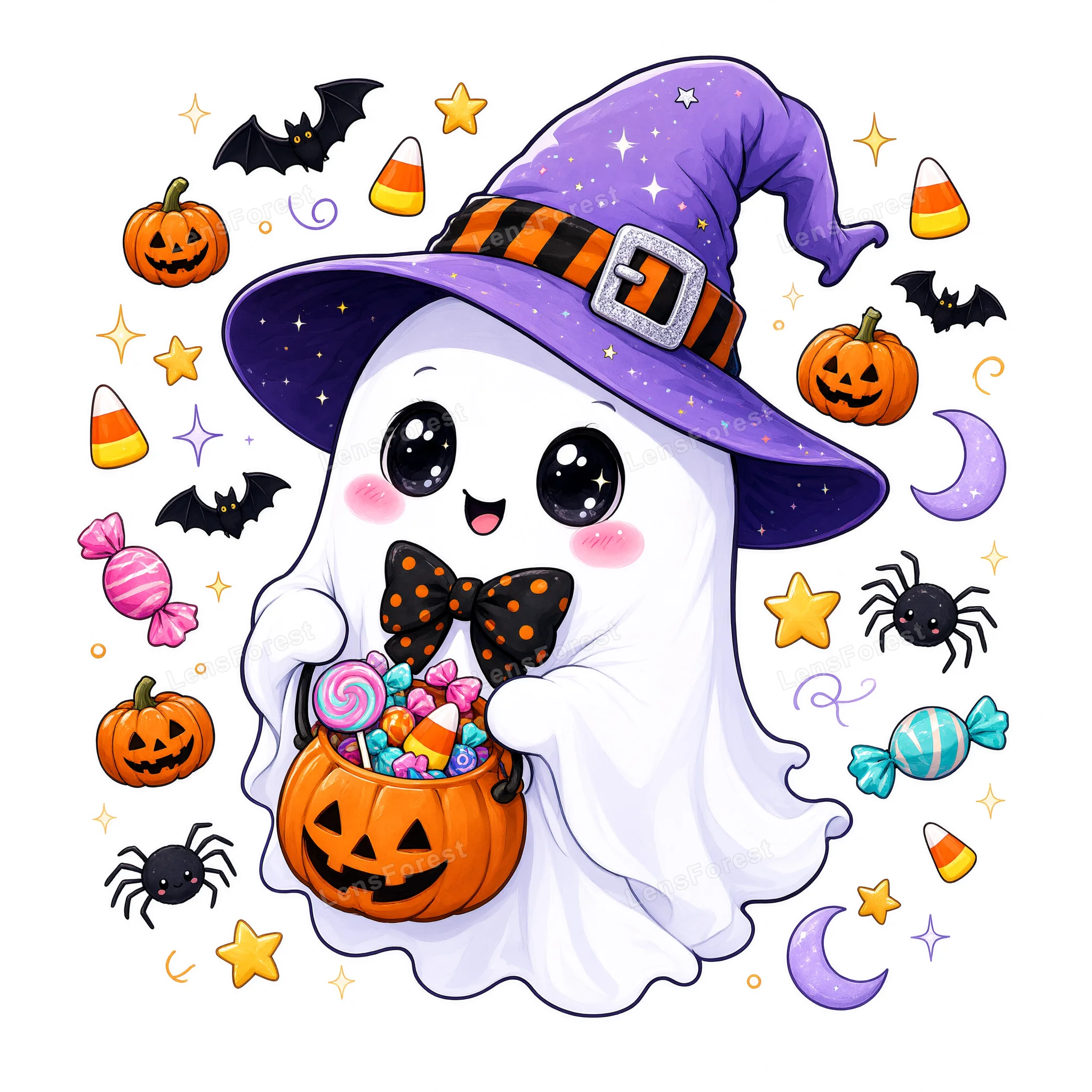 A cute cartoon ghost wearing a purple witch hat and polka-dot bow tie, holding a pumpkin candy bucket surrounded by Halloween icons.