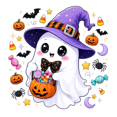 A cute cartoon ghost wearing a purple witch hat and polka-dot bow tie, holding a pumpkin candy bucket surrounded by Halloween icons.