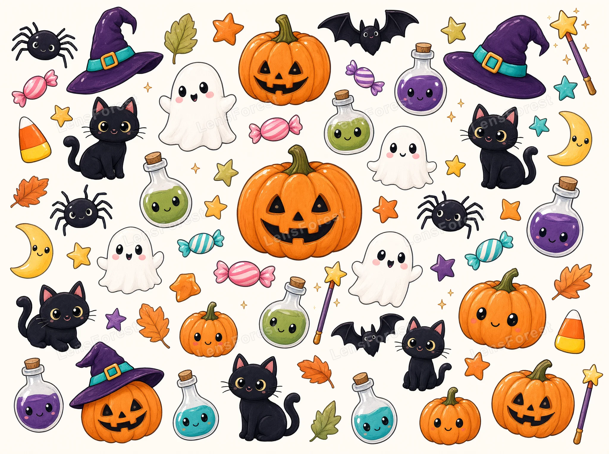 A collection of cute Halloween-themed illustrations including pumpkins, ghosts, black cats, bats, and potion bottles.