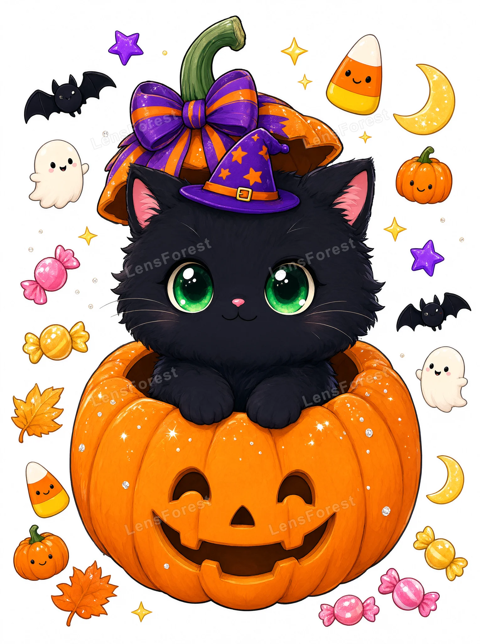 A cute black kitten in a witch hat sitting inside a carved jack-o'-lantern pumpkin surrounded by Halloween icons.