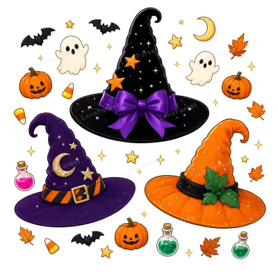 Three illustrated witch hats in black, purple, and orange surrounded by Halloween icons like ghosts, pumpkins, and bats.