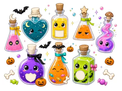 A collection of cute cartoon potion bottles with faces, pumpkins, bats, and candy on a white background.